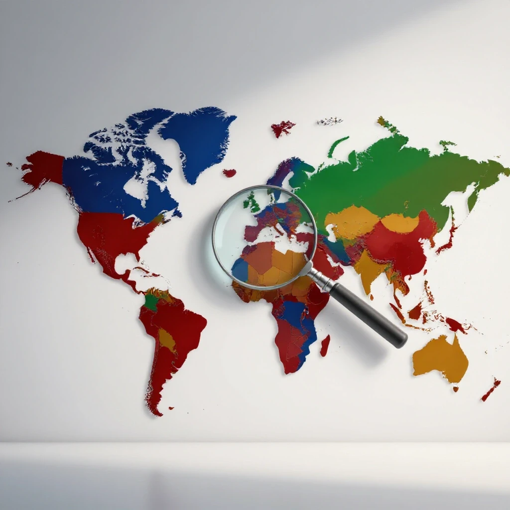 A split world map depicting regional bias in Facebook moderation with a magnifying glass effect highlighting social media icons.