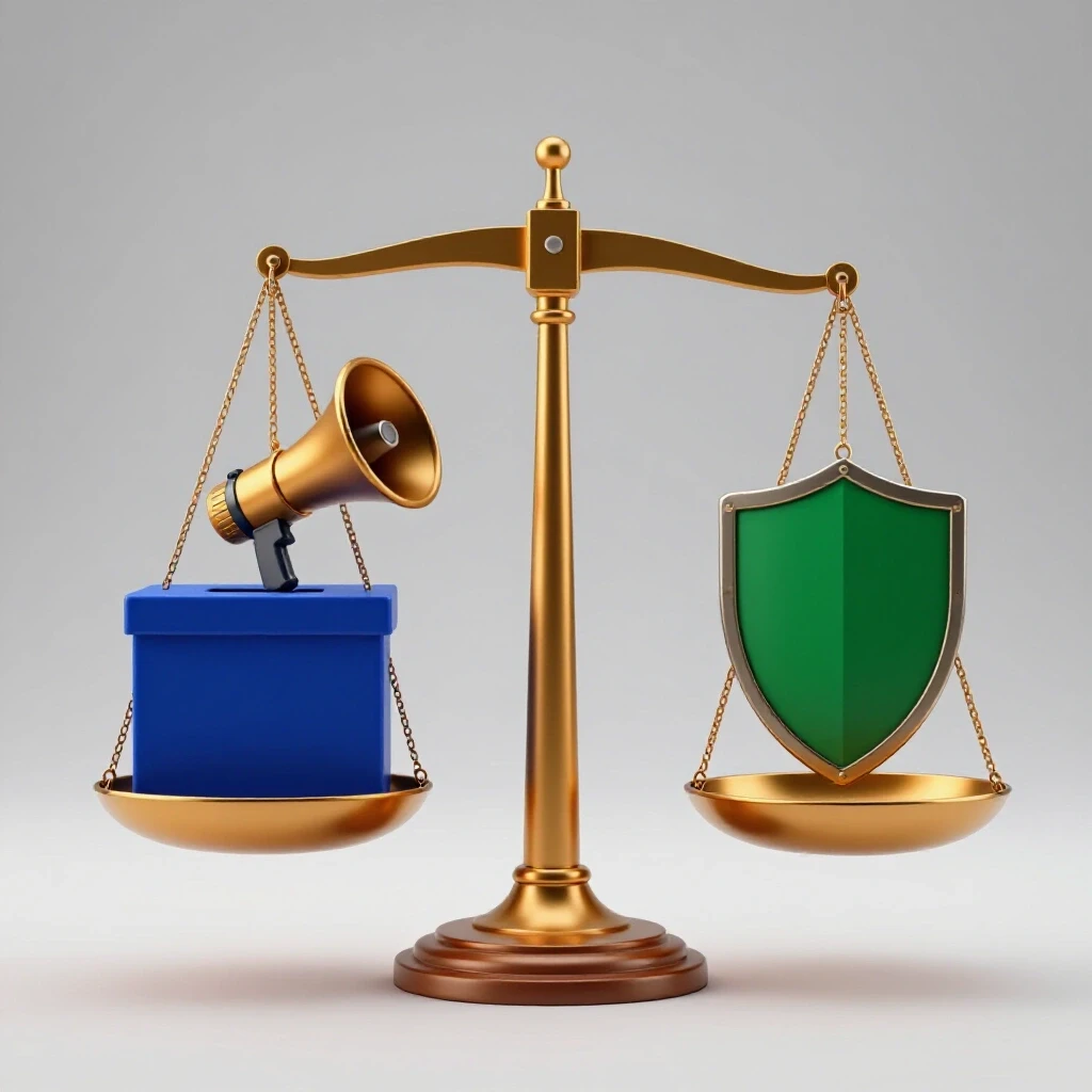 A 3D-rendered image of a balanced scale with a ballot box and megaphone on one side, and a shield on the other, against a bright background.