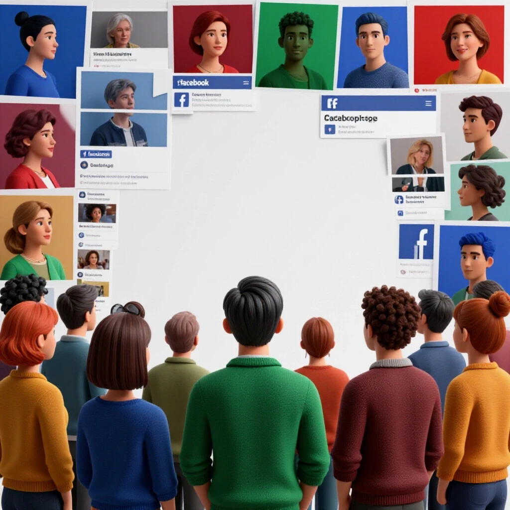 A split-composition image showing diverse individuals viewing a fragmented Facebook news feed, highlighting biases.