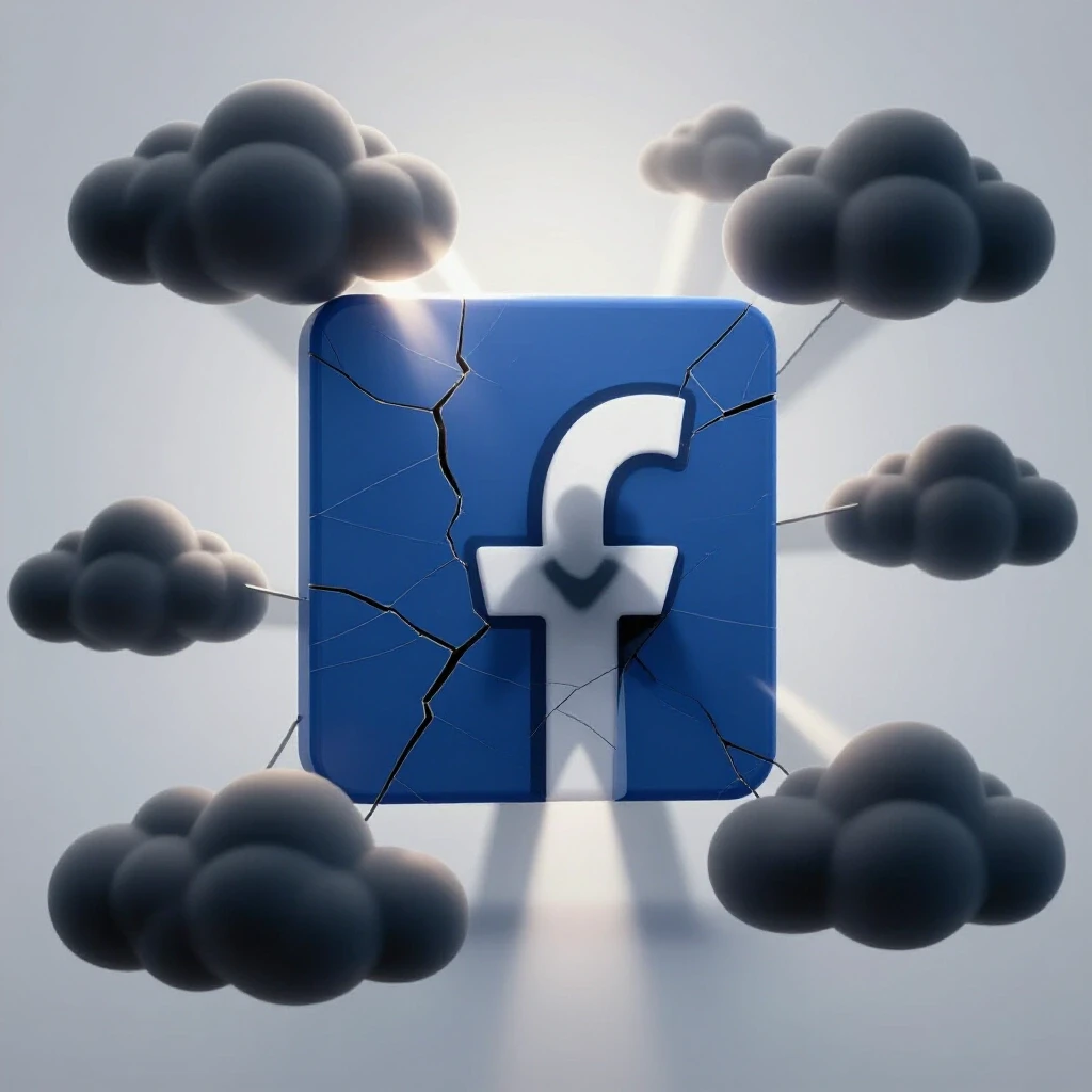 A cracked Facebook logo with a shadowy figure peering through, surrounded by dark clouds and light rays.
