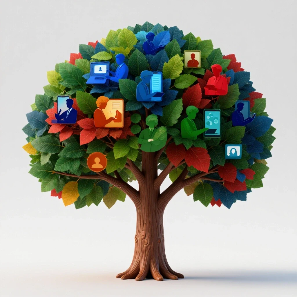 A vibrant tree with silhouettes of older adults engaging with technology, symbolizing connectivity in a digital age.