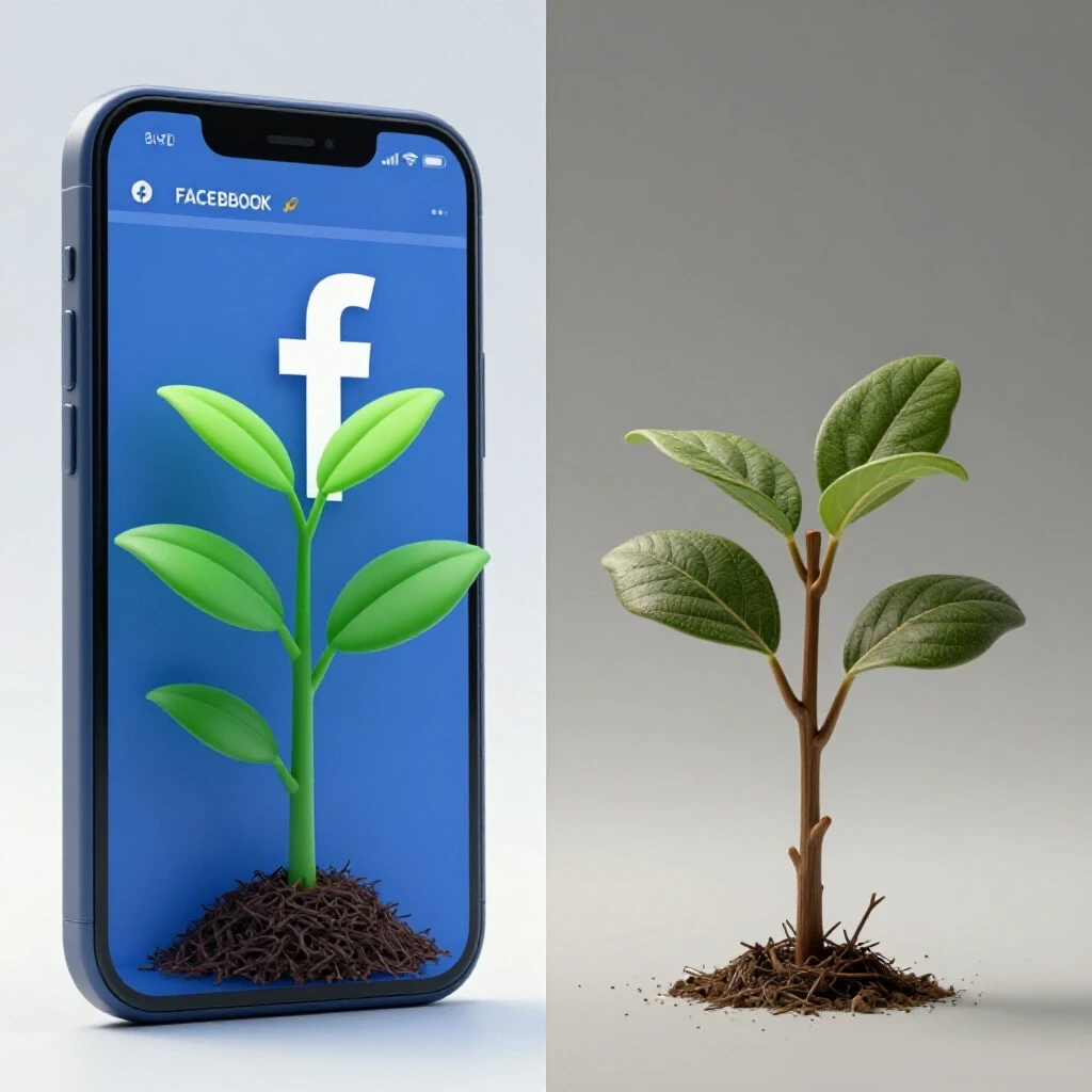 A split image showing a vibrant Facebook interface symbolizing growth and a stagnant personal brand profile symbolizing decline.