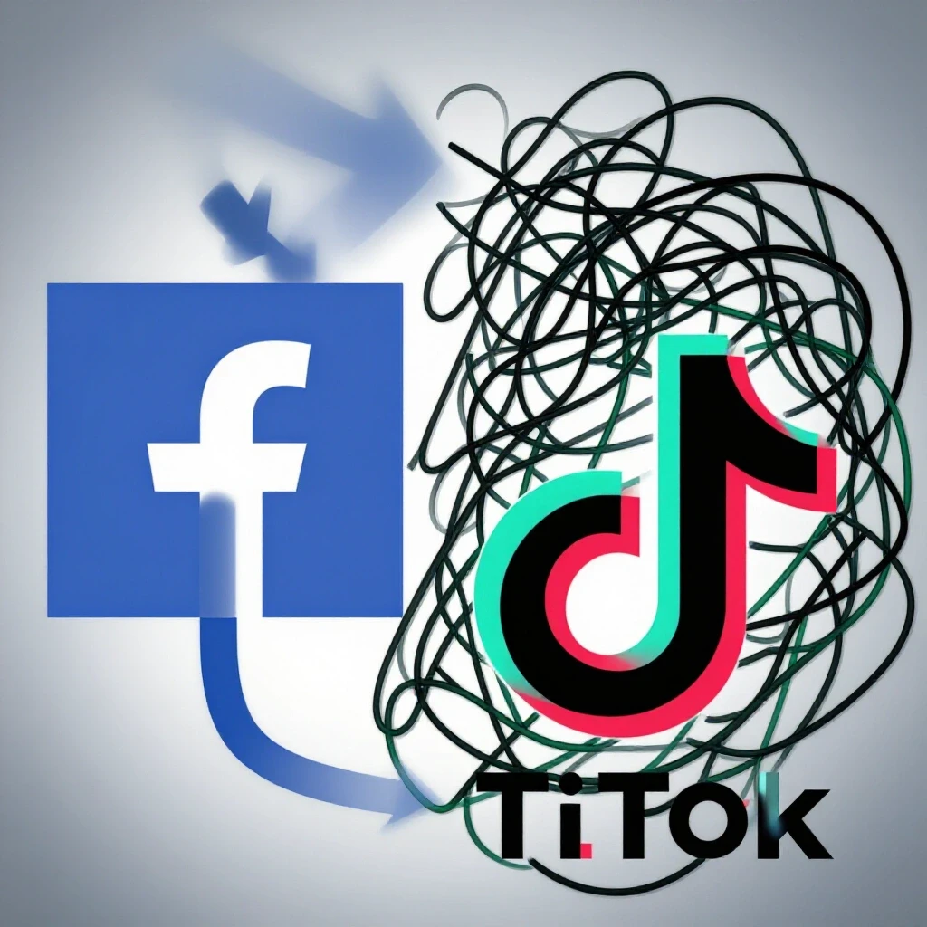 Split image of Facebook and TikTok logos contrasting tracking effectiveness with chaotic and clear paths.