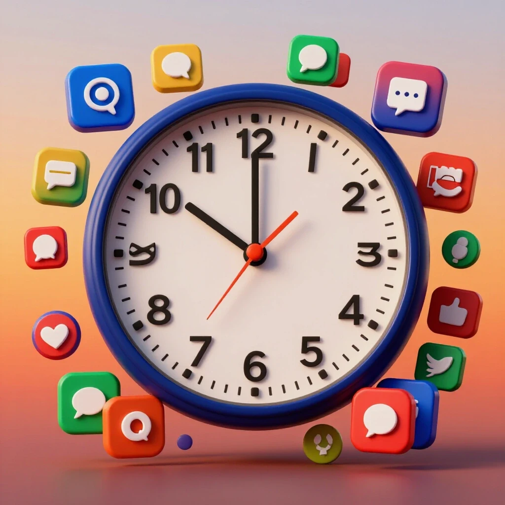 A vibrant image of a clock striking 5 PM surrounded by colorful social media icons, set against a gradient sunset background.