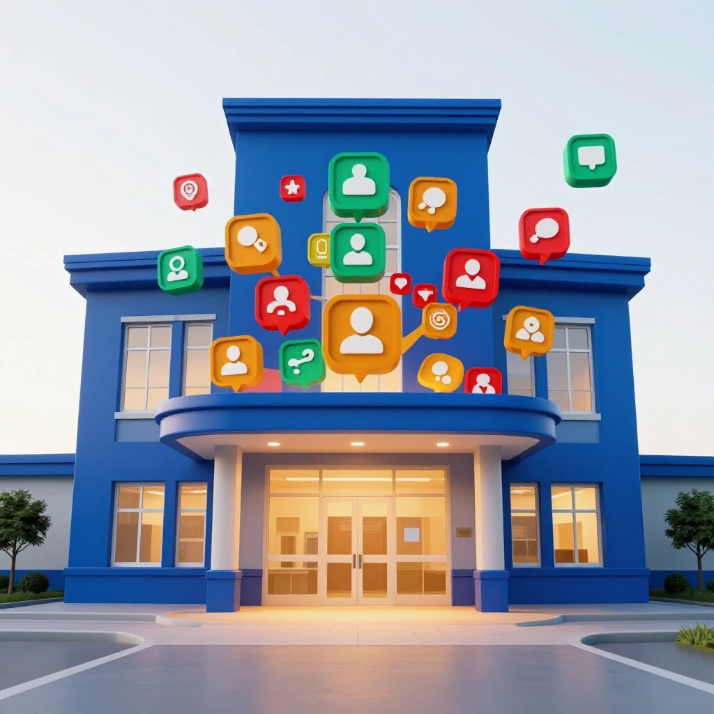 Vibrant image of a hospital entrance with colorful social media icons emerging, symbolizing community engagement.