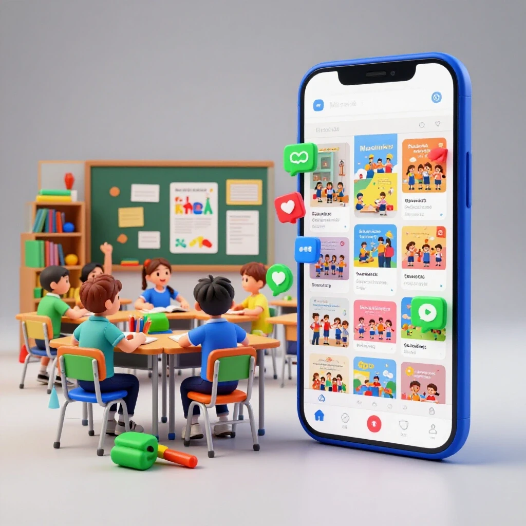 A vibrant split-screen image showing a colorful classroom on one side and an engaging social media feed on the other, illustrating the connection between school experiences and social media.