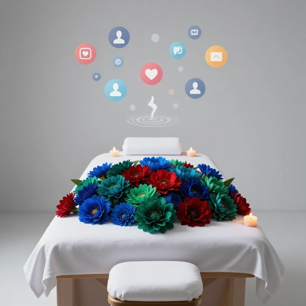 A tranquil spa scene with a luxurious treatment table decorated with vibrant flowers and glowing candles, showcasing social media icons in the background.