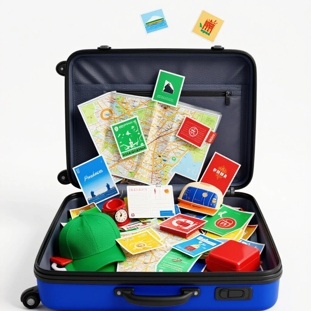 A colorful open suitcase overflowing with travel essentials like maps and souvenirs against iconic travel destinations background.