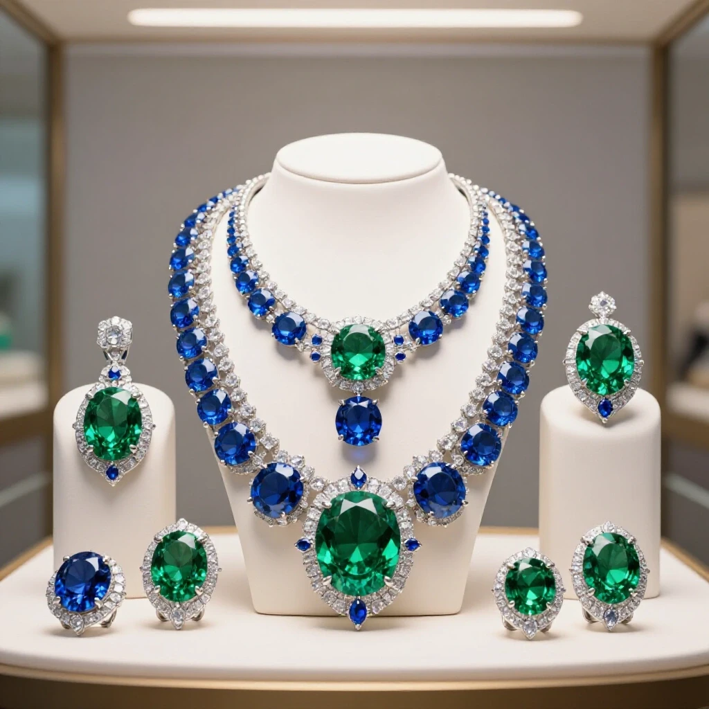 Elegant jewelry display with sparkling gems set against a blurred social media backdrop, emphasizing vibrant colors.