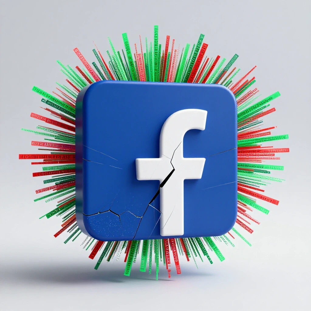 A cracked Facebook logo with digital data streams around it, symbolizing privacy breaches in a bright setting.