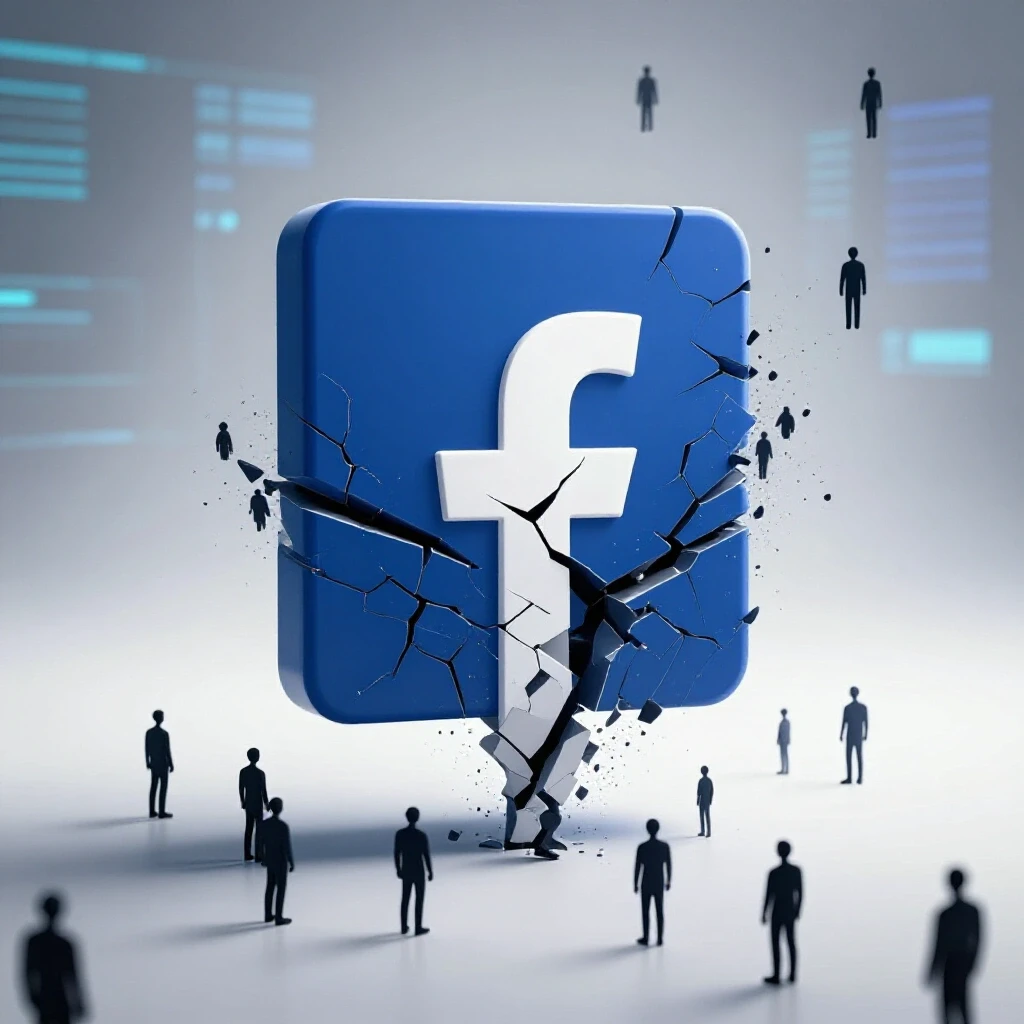 Fragmented Facebook logo dissolving into shadowy figures on a blurred digital landscape, illustrating privacy concerns.