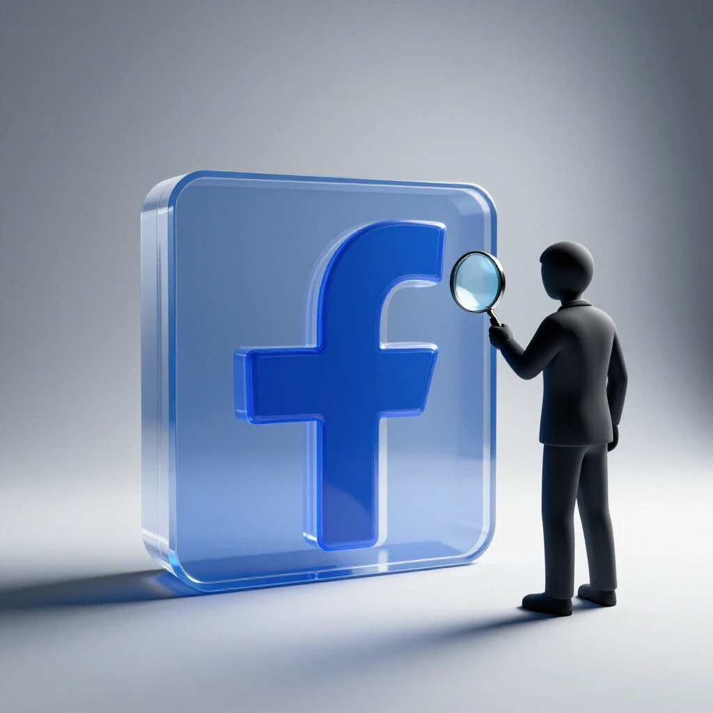A large transparent Facebook logo with a shadowy figure holding a magnifying glass, symbolizing privacy concerns.