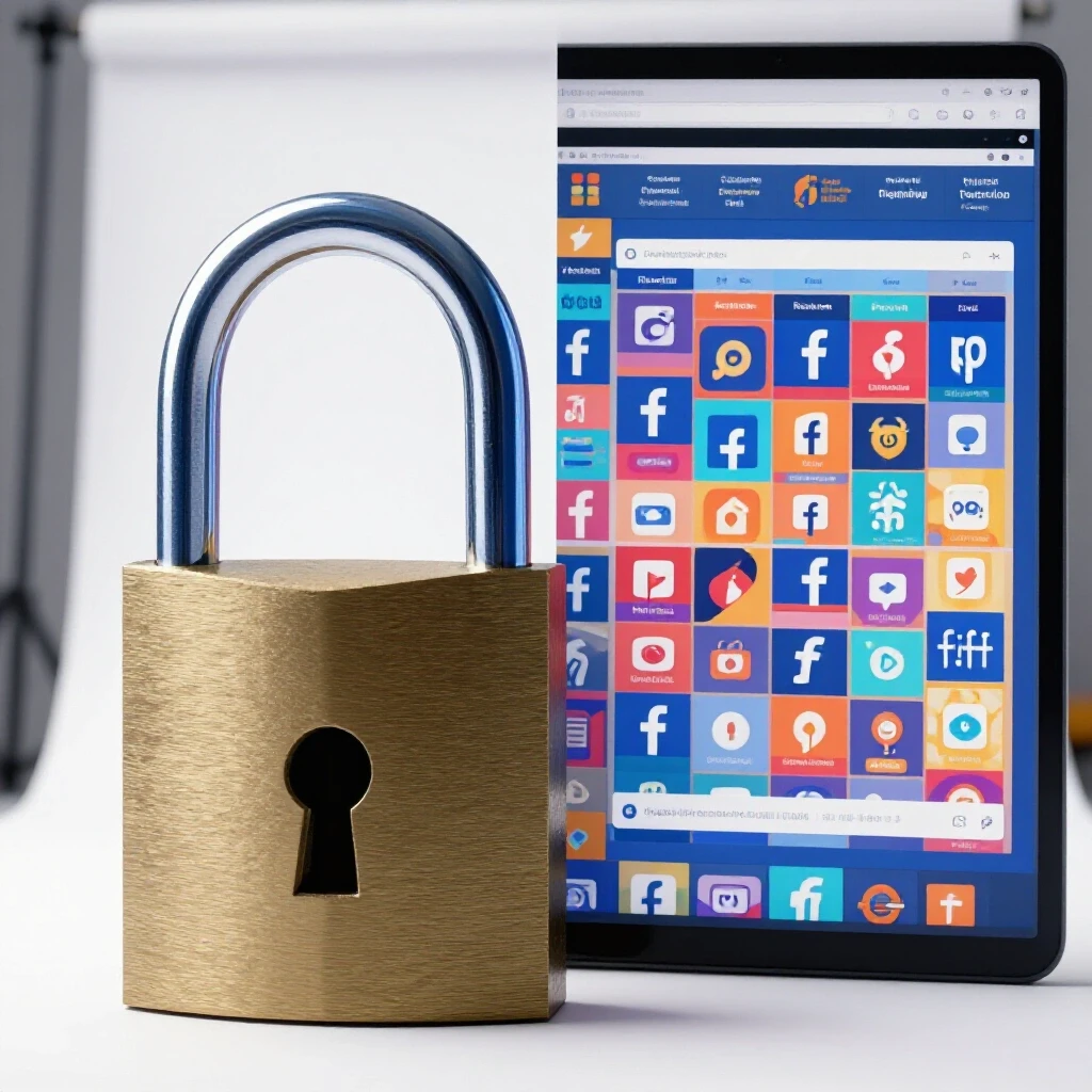 A split-image showing a locked padlock symbolizing privacy next to a vibrant Facebook interface, illustrating privacy trends.