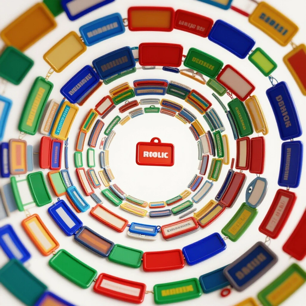 A vibrant collage of colorful name tags arranged in a spiral, symbolizing creativity and growth.