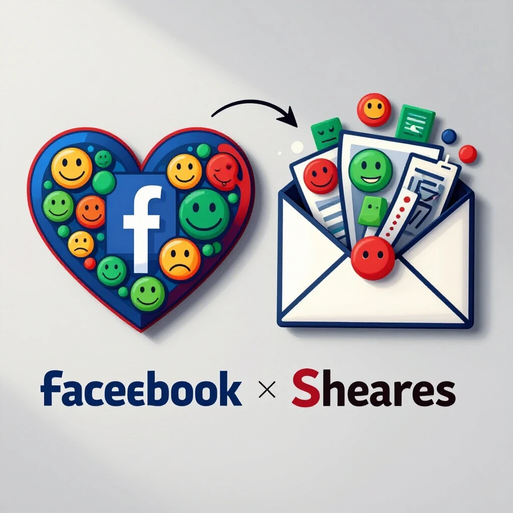 A colorful heart symbolizing Facebook Reactions contrasts with an overflowing envelope representing Shares, emphasizing engagement dynamics.