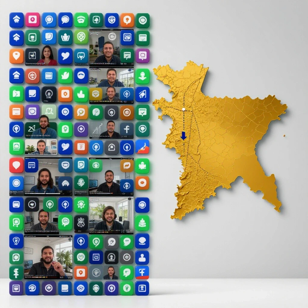 Split-screen image showing vibrant social media icons and video clips alongside a highlighted map of Bangladesh, symbolizing digital marketing growth.