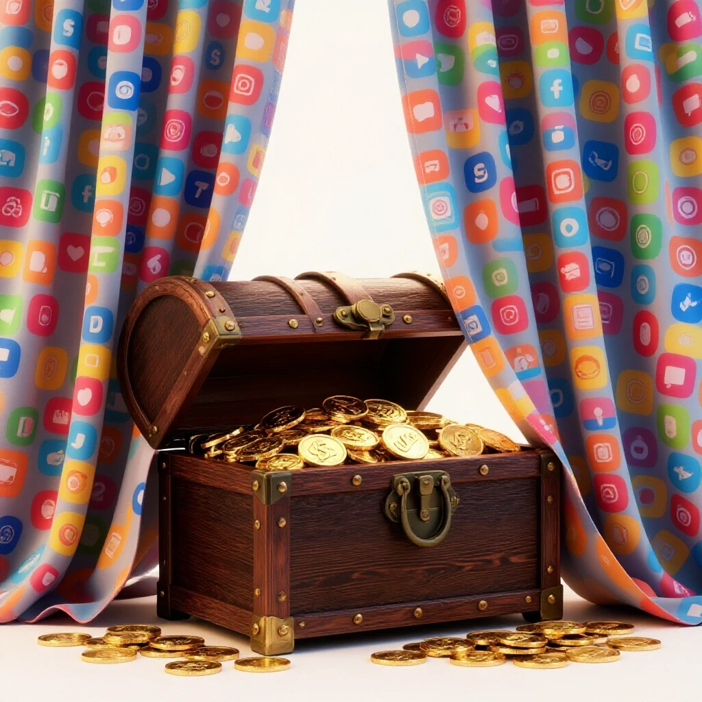 A treasure chest overflowing with gold coins and hidden behind colorful social media icons, symbolizing revenue secrets.