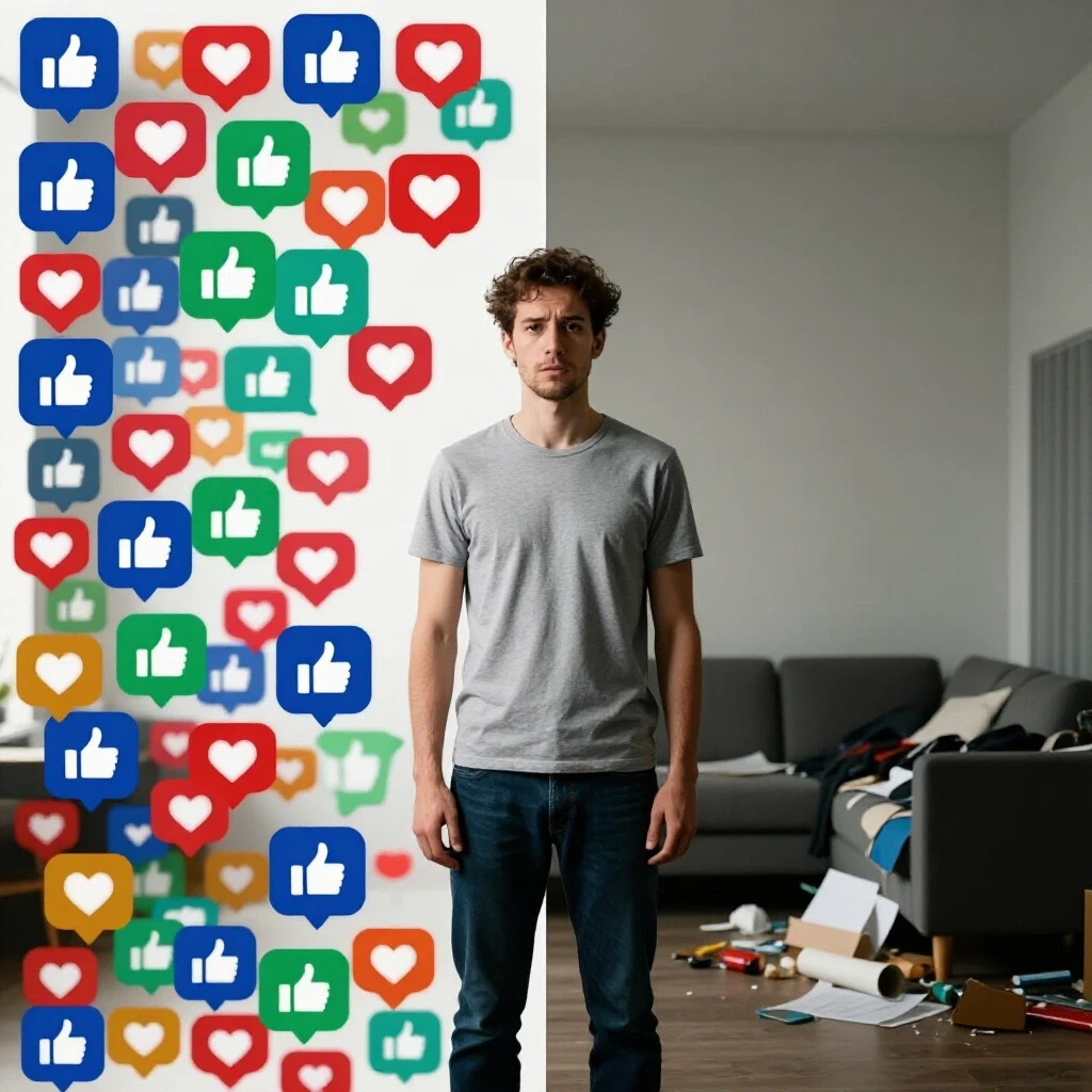 A visual contrast of an engaging social media feed and a cluttered room symbolizing student mental health impacts.
