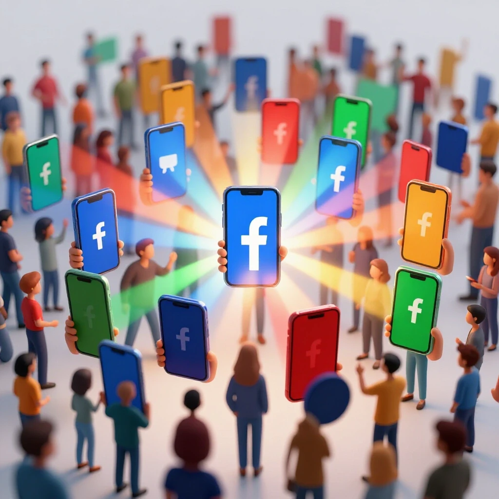A vibrant crowd with oversized smartphones emitting colorful beams of light, symbolizing Facebook's influence in social movements.