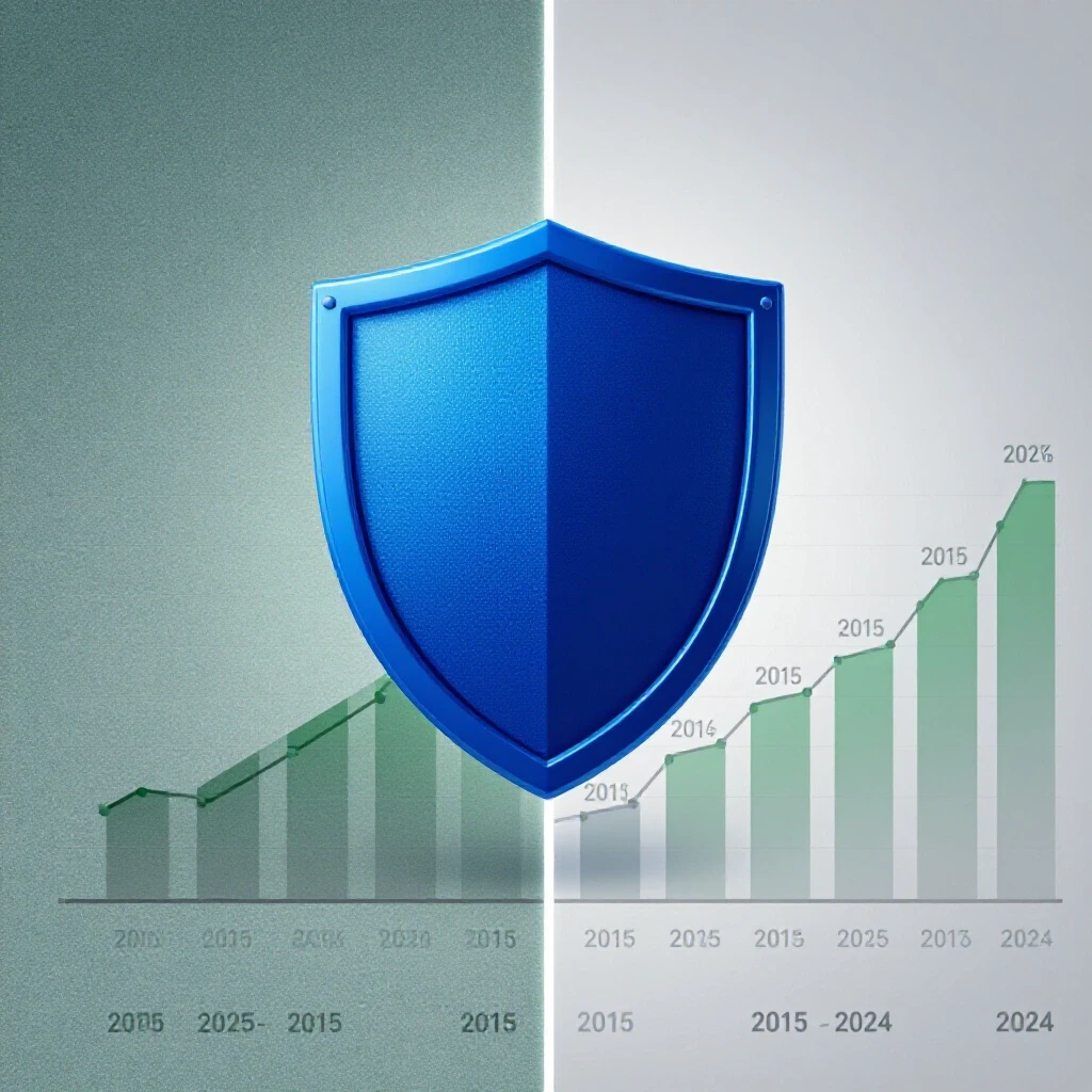 A split-screen image with a digital shield symbolizing safety on one side and a muted timeline graph depicting efficacy statistics, against a bright background.
