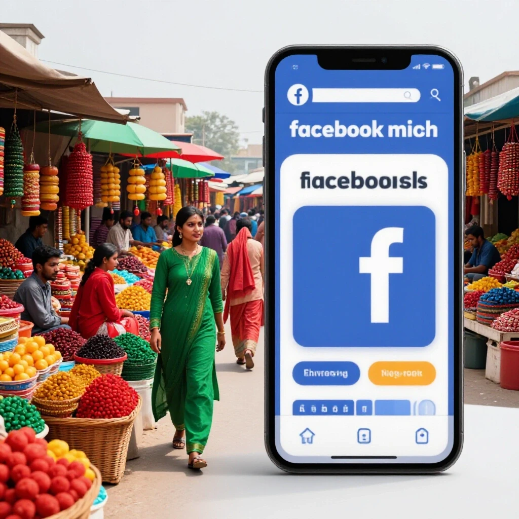 A vibrant market scene from Bangladesh contrasted with a modern Facebook ad interface, symbolizing digital marketing growth.