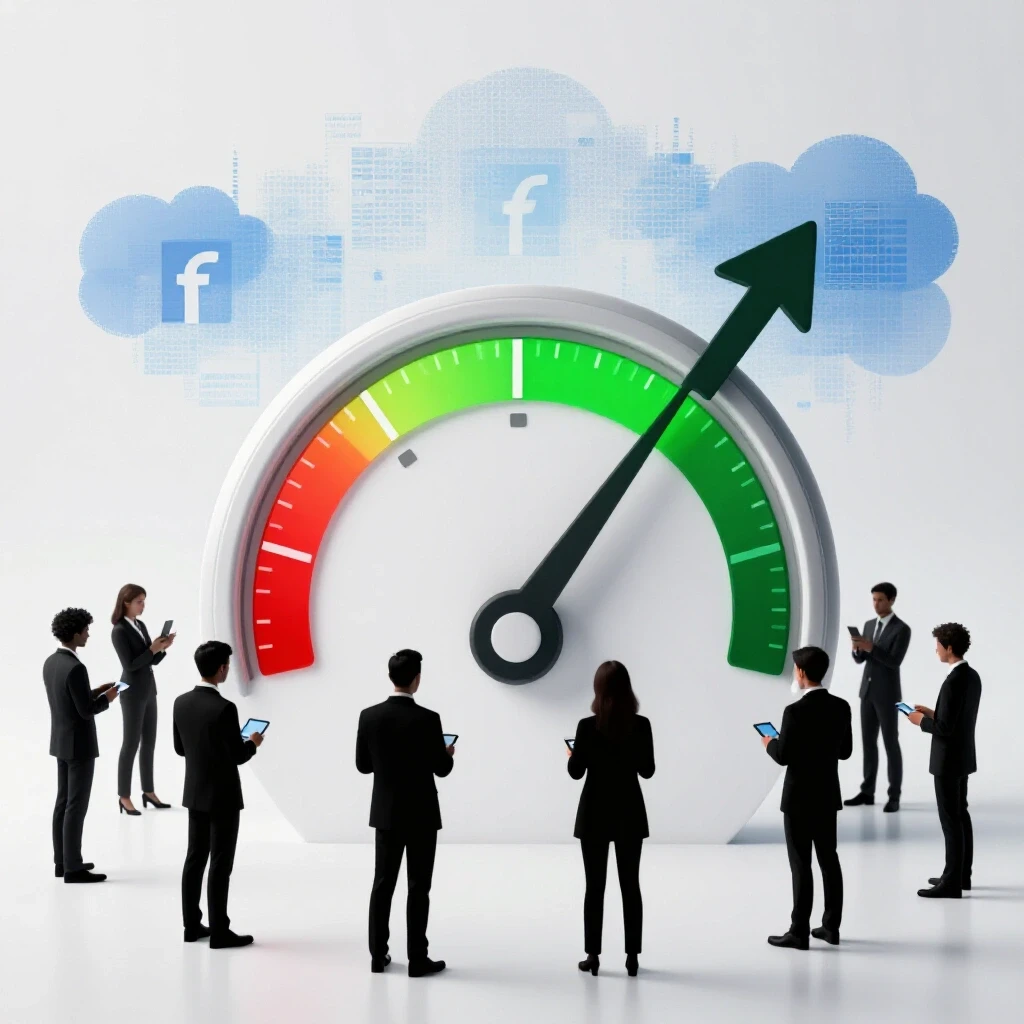 A trust meter visual showing high trust in green and low trust in red, surrounded by people engaging digitally.