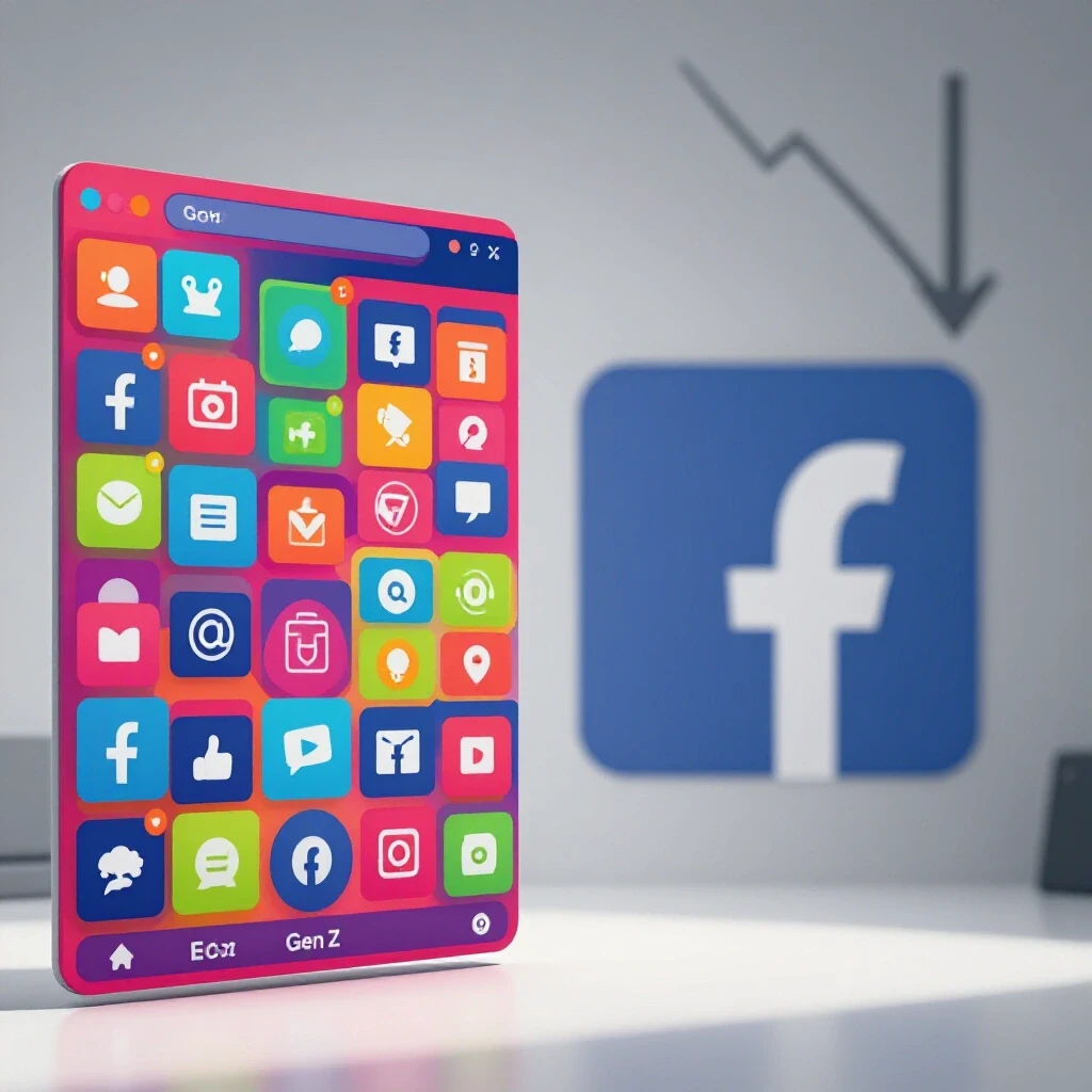 A split image showcasing a vibrant social media interface contrasting with a fading Facebook logo, symbolizing Gen Z's usage decline.