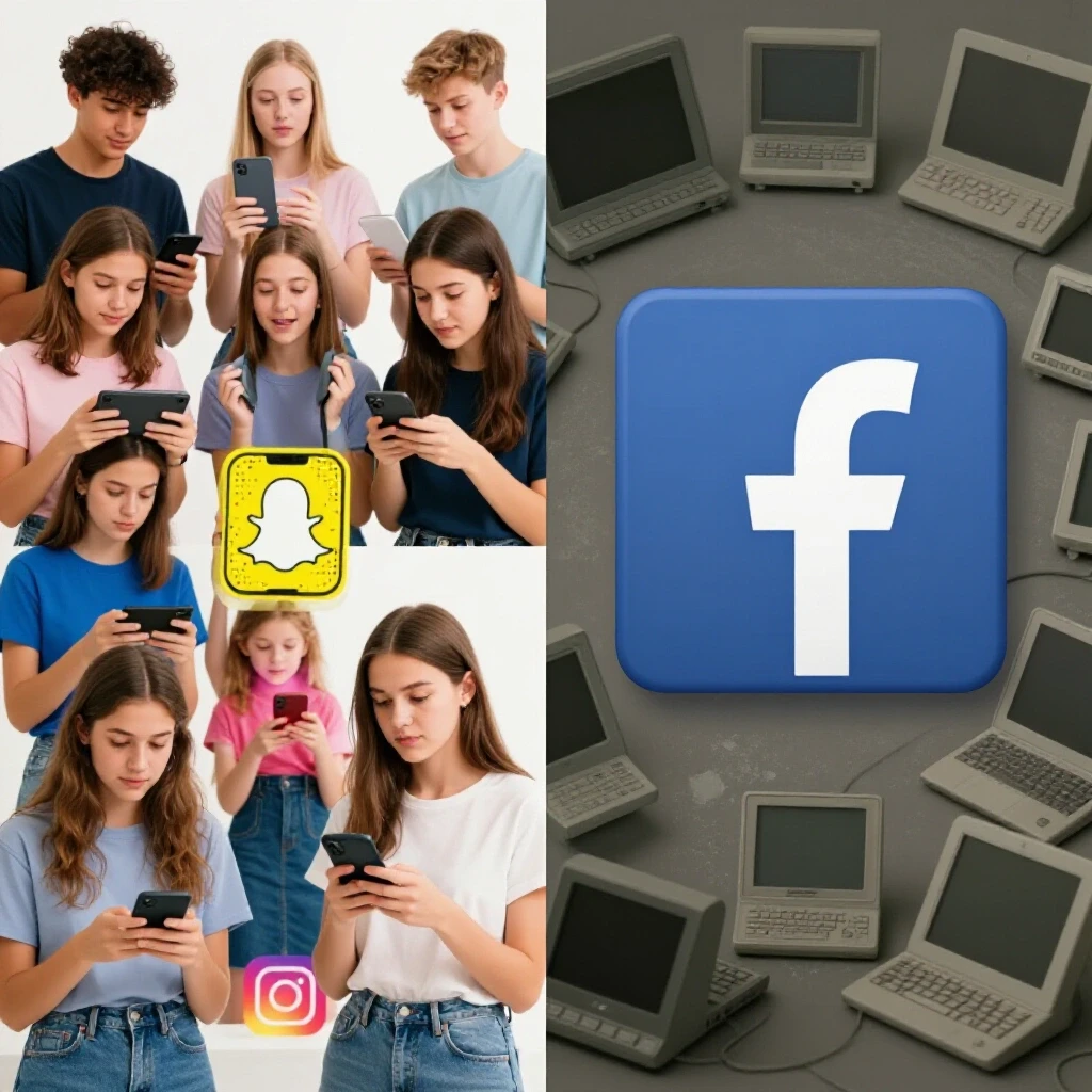 A split-image illustrating teenagers engaged with modern social media platforms, contrasted with a fading Facebook logo amidst old technology.