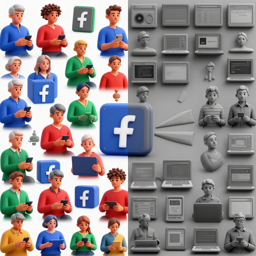Visual representation of Facebook user engagement trends by age, contrasting vibrant with monochrome social media platforms.