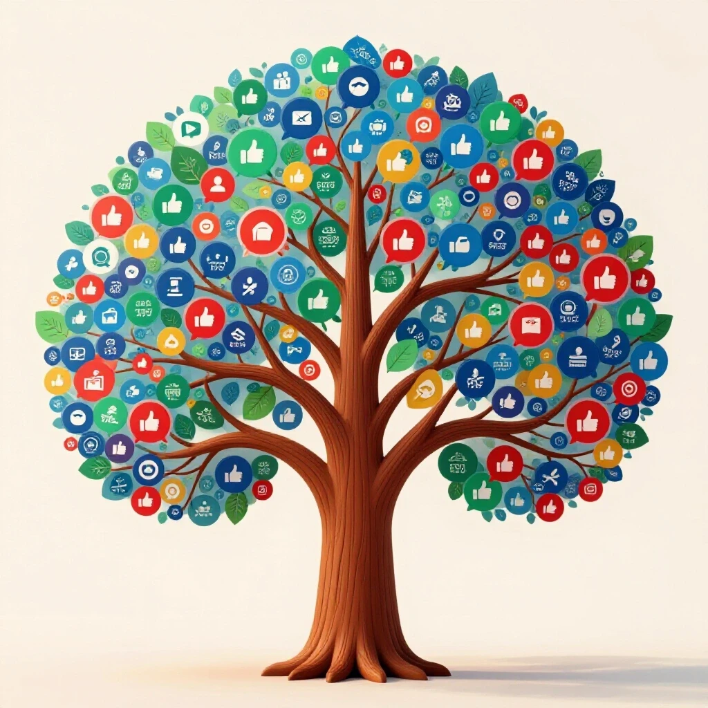 A vibrant tree representing age groups with social media icons and user statistics, emphasizing Facebook usage trends.