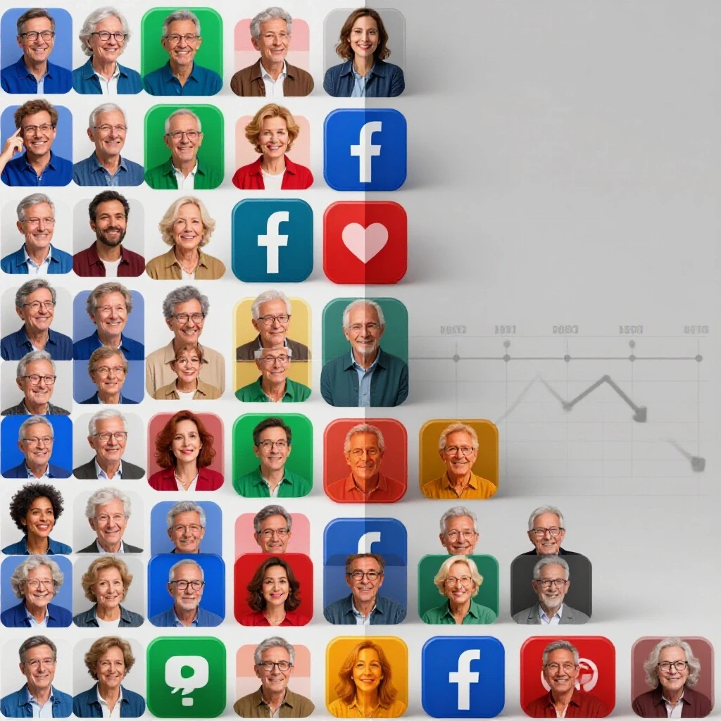 A vibrant age spectrum contrasted against a grayscale timeline showing Facebook usage decline.