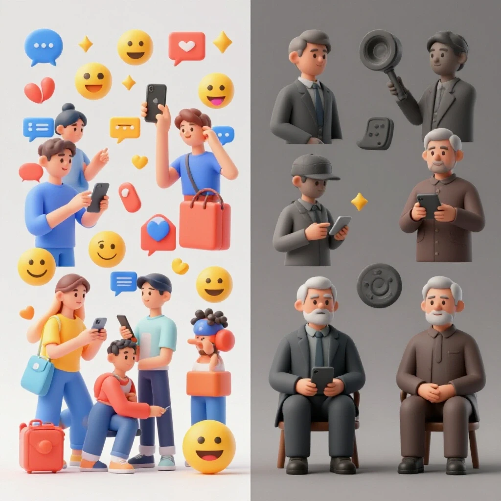 A split composition showcasing Facebook usage trends by age, with vibrant youth icons on one side and muted older demographic symbols on the other.