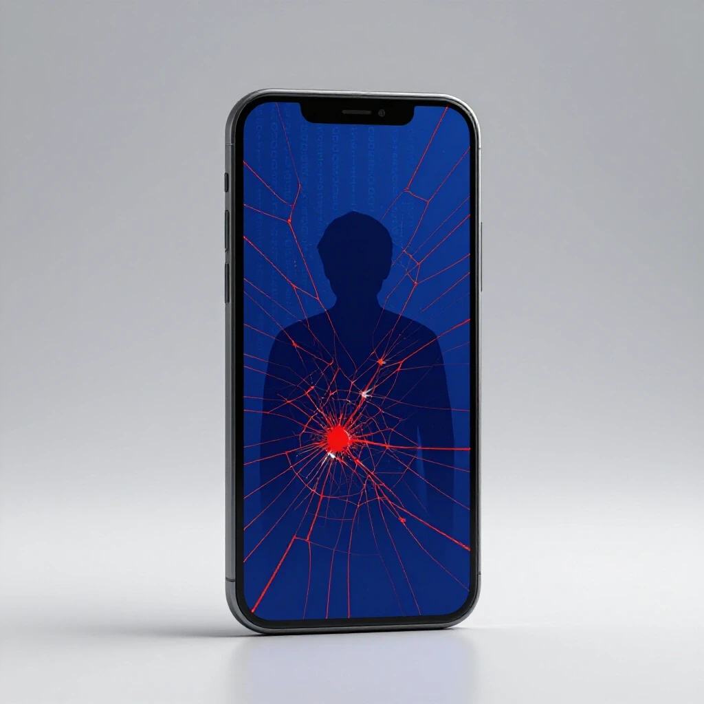 A cracked smartphone screen with a silhouette inside, symbolizing data vulnerability amidst digital elements.