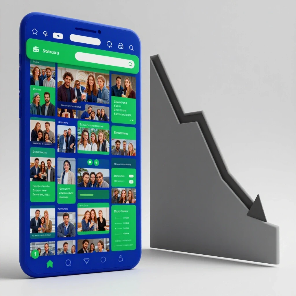 A contrasting visual of a vibrant social media interface and a desaturated declining engagement graph on a bright background.