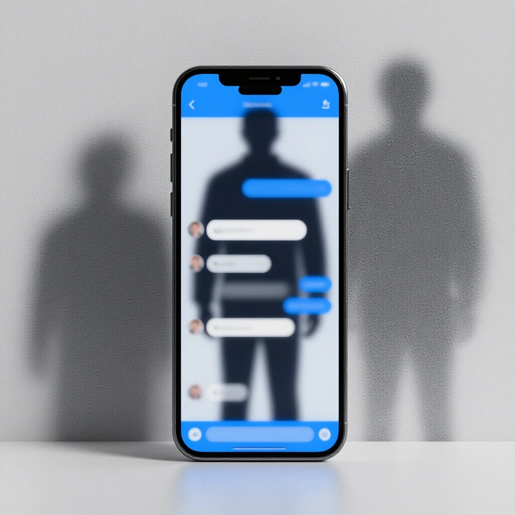 A smartphone displaying a blurred chat interface, symbolizing blockage with a looming shadowy figure behind it.