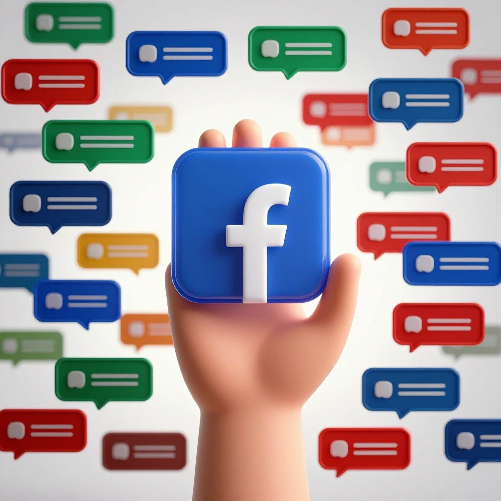 A stylized hand holding a transparent Facebook logo surrounded by colorful survey response bubbles representing trust.