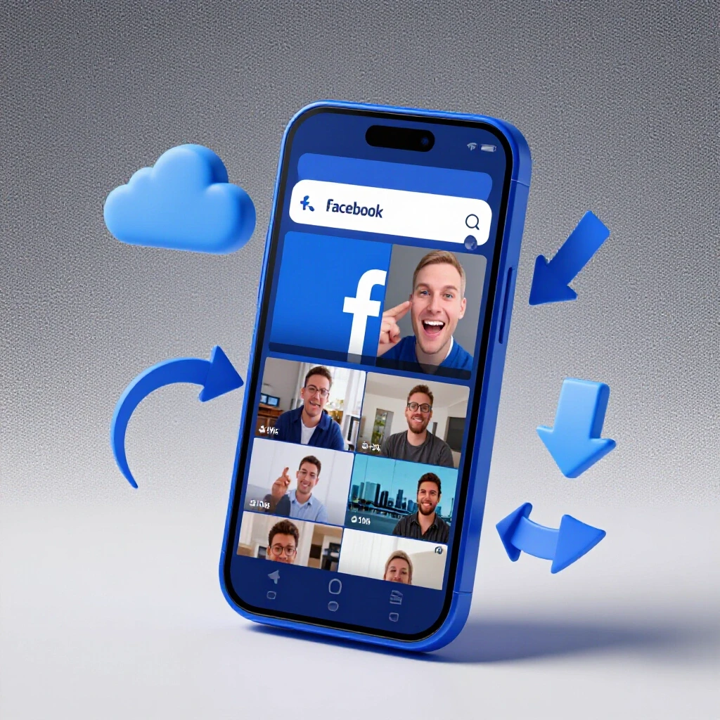 Image of a smartphone showing a Facebook video with arrows leading to a download icon against a bright background.