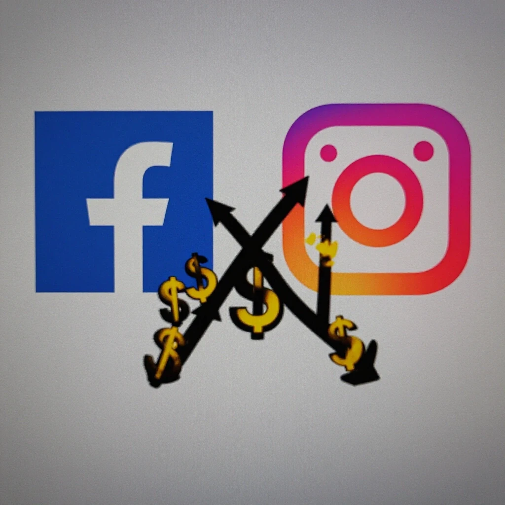 A striking side-by-side display of Facebook and Instagram logos with symbols representing ROI, against a bright background.