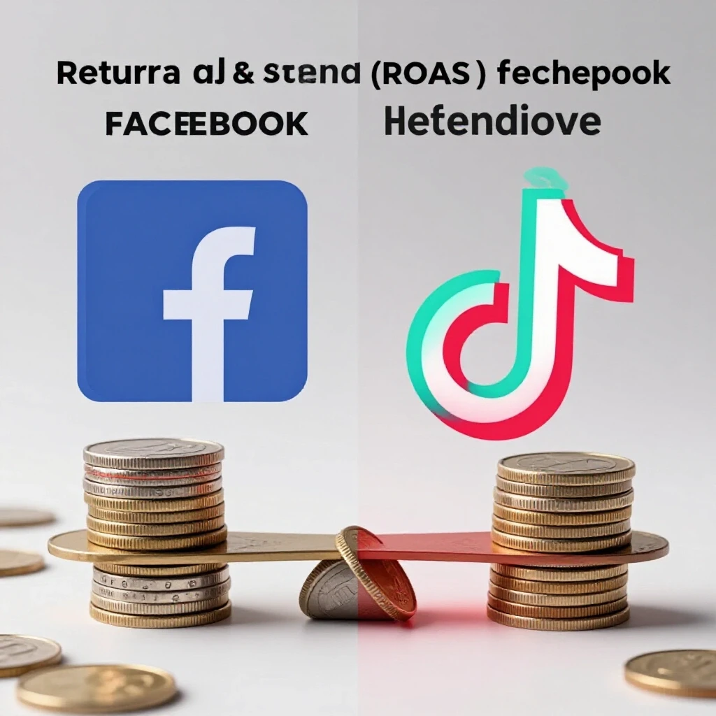 A split image contrasting Facebook's blue interface and TikTok's vibrant design, depicting ROAS comparison with coins on a scale.