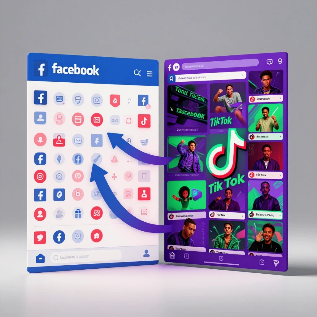 Split image showing Facebook interface on the left with vibrant icons and TikTok feed on the right, representing user migration from one platform to the other.