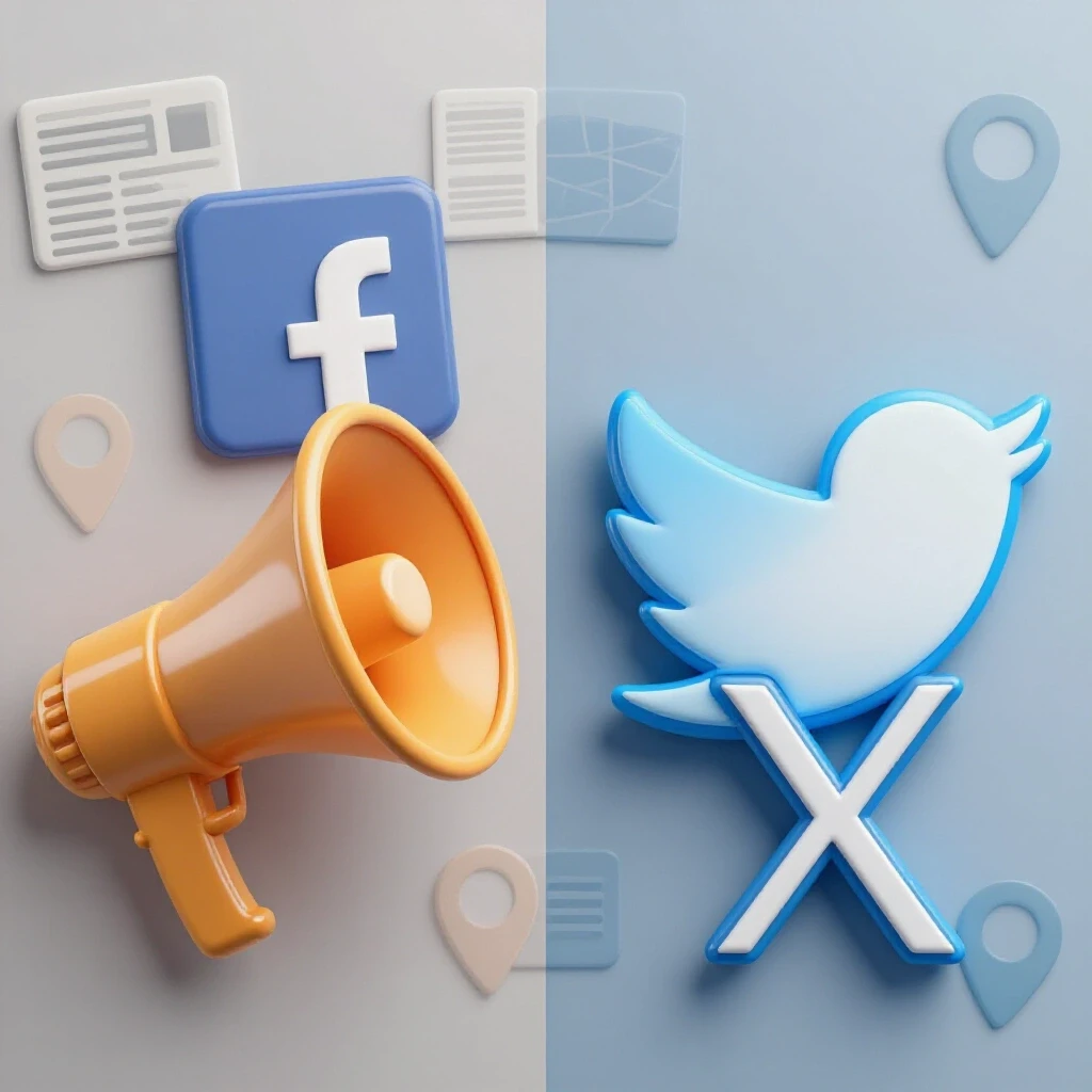 Split-screen image showing Facebook and X with a megaphone and bird; warm and cool tones contrast local news reach.