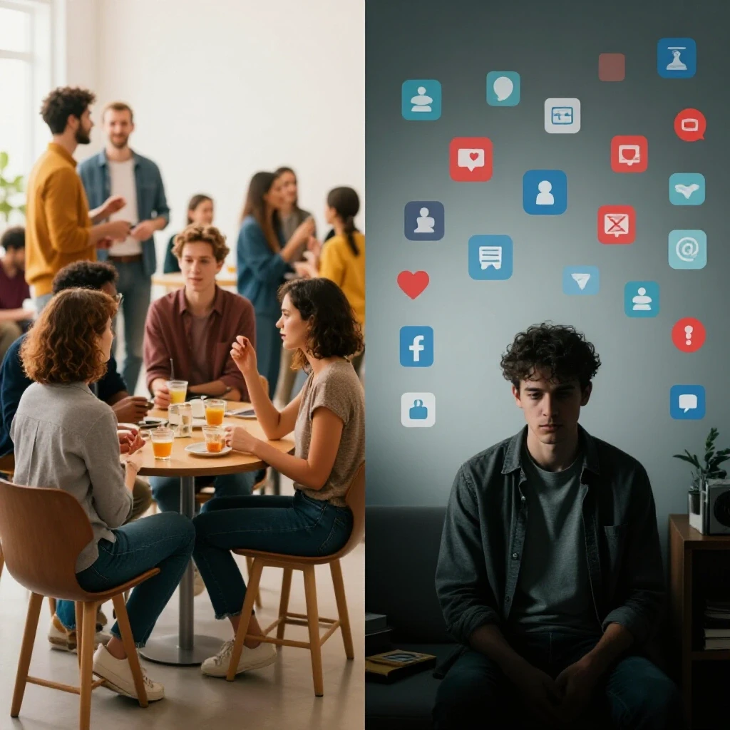 A split image showing a lively social scene on one side and a dimly lit isolated room filled with social media icons on the other, symbolizing social isolation.