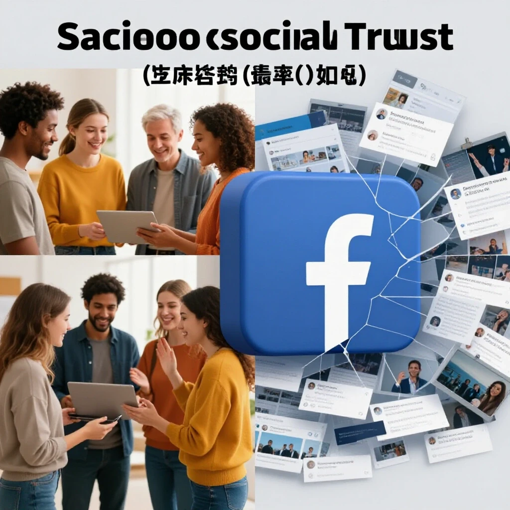 A split-image illustrating social trust with positive interactions on one side and a chaotic social media representation on the other.