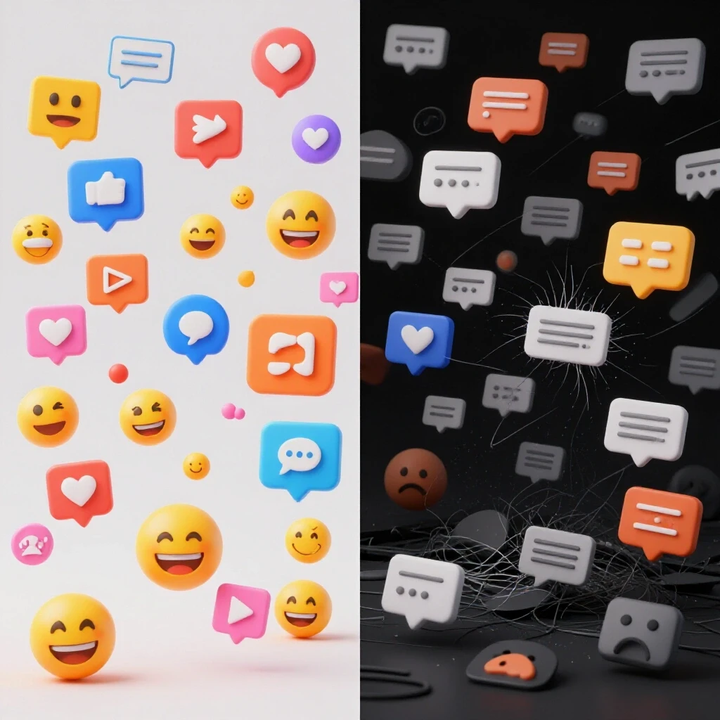 A split-image visual contrasting a vibrant social media experience with a chaotic, anxiety-inducing environment, representing Facebook's impact on mental health.