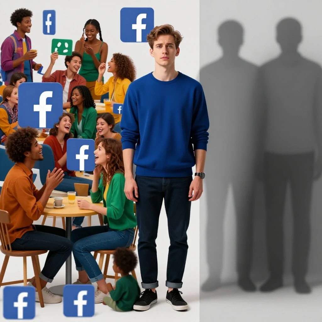 A split-image visual contrasting a vibrant social scene symbolizing Facebook's joy with a shadowy scene depicting isolation.