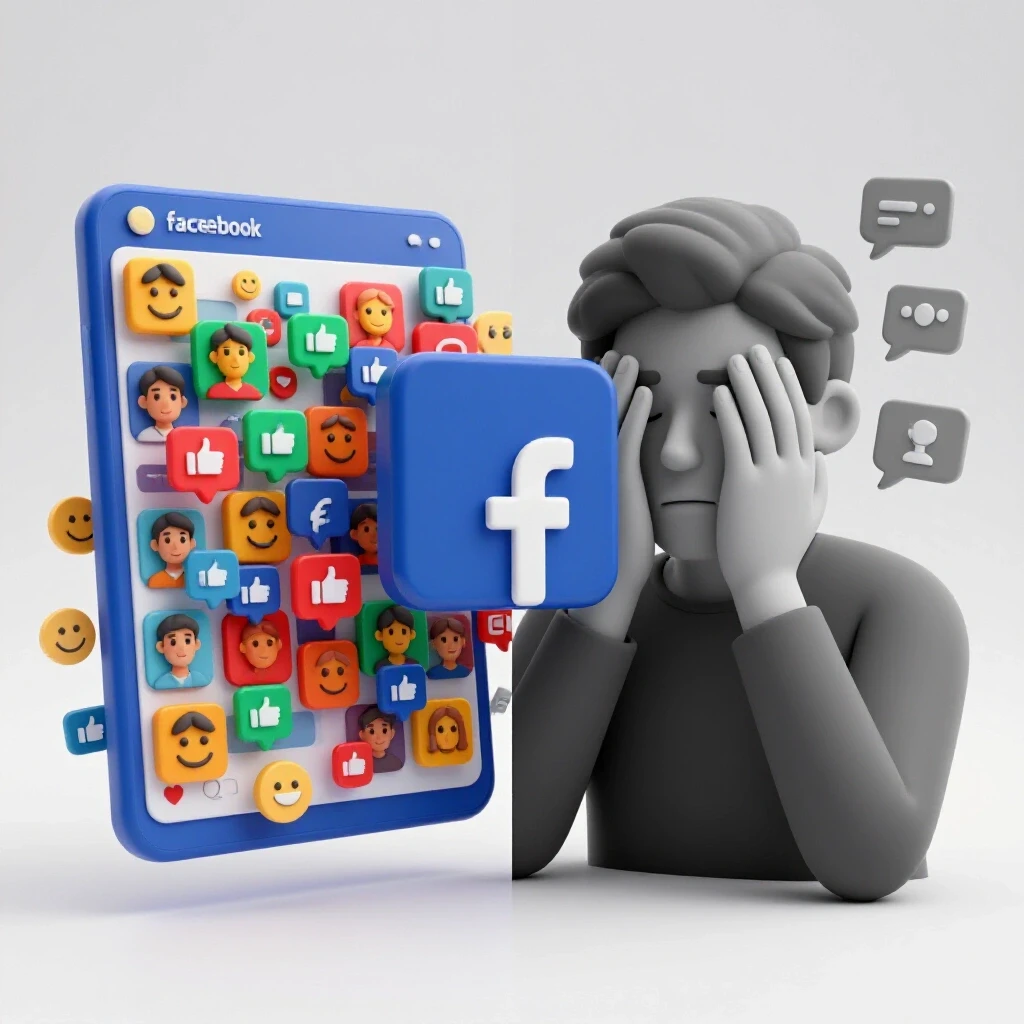 A visual metaphor depicting a split scene illustrating the contrasting impacts of Facebook on mental health with vibrant and muted elements.