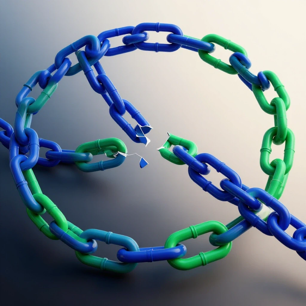 A broken and a vibrantly intact chain link on a gradient light background, symbolizing the contrast between failure and recovery in client relationships.