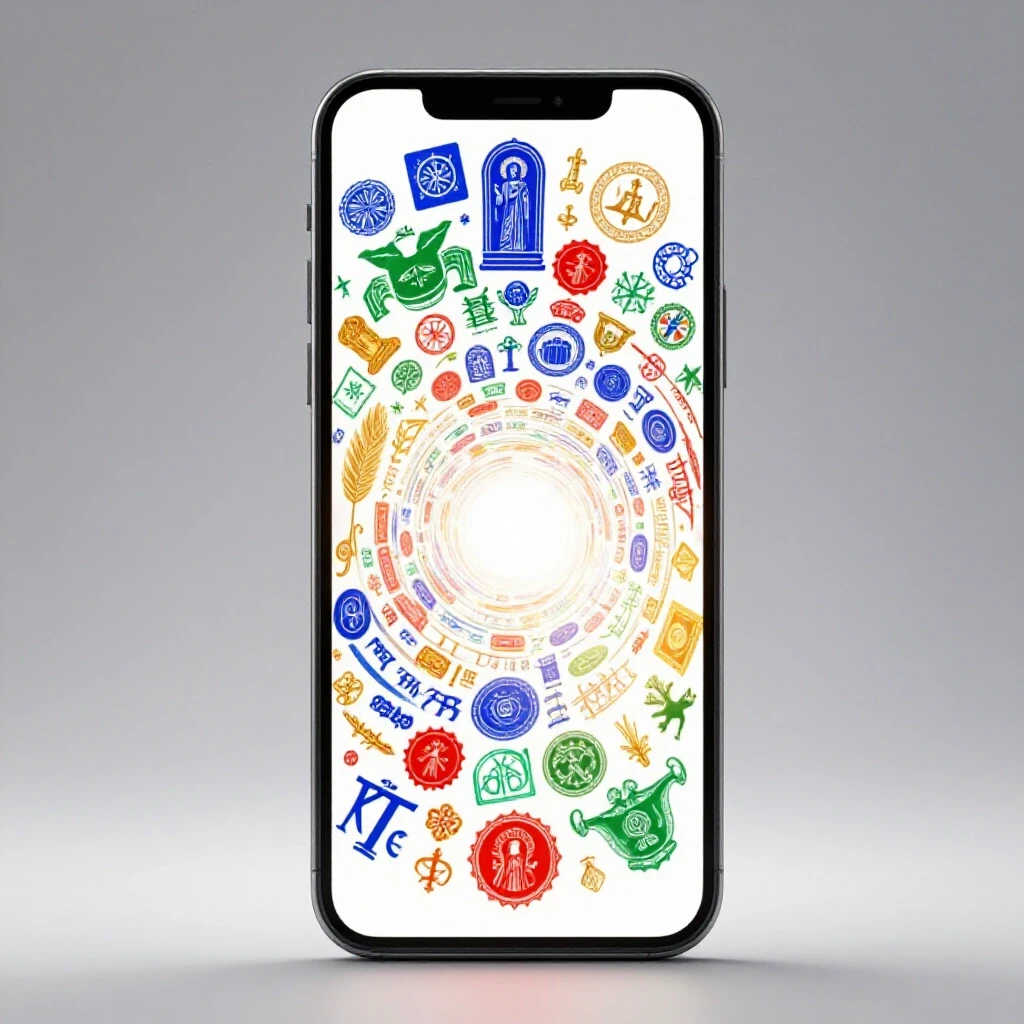 A luminous smartphone screen displaying a vortex of vibrant religious symbols, set in a bright studio environment.