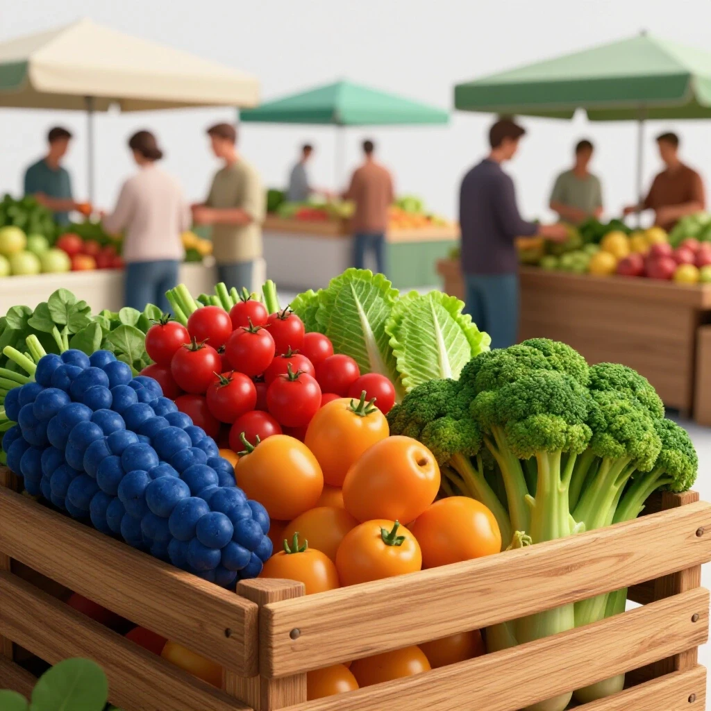 Colorful fresh produce in a rustic wooden crate at a bustling farmers market, showcasing abundance and community.