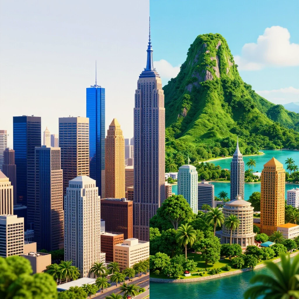 A divided scene showcasing a bustling American city skyline and a serene Philippines view, symbolizing opportunity for Filipino dreamers.